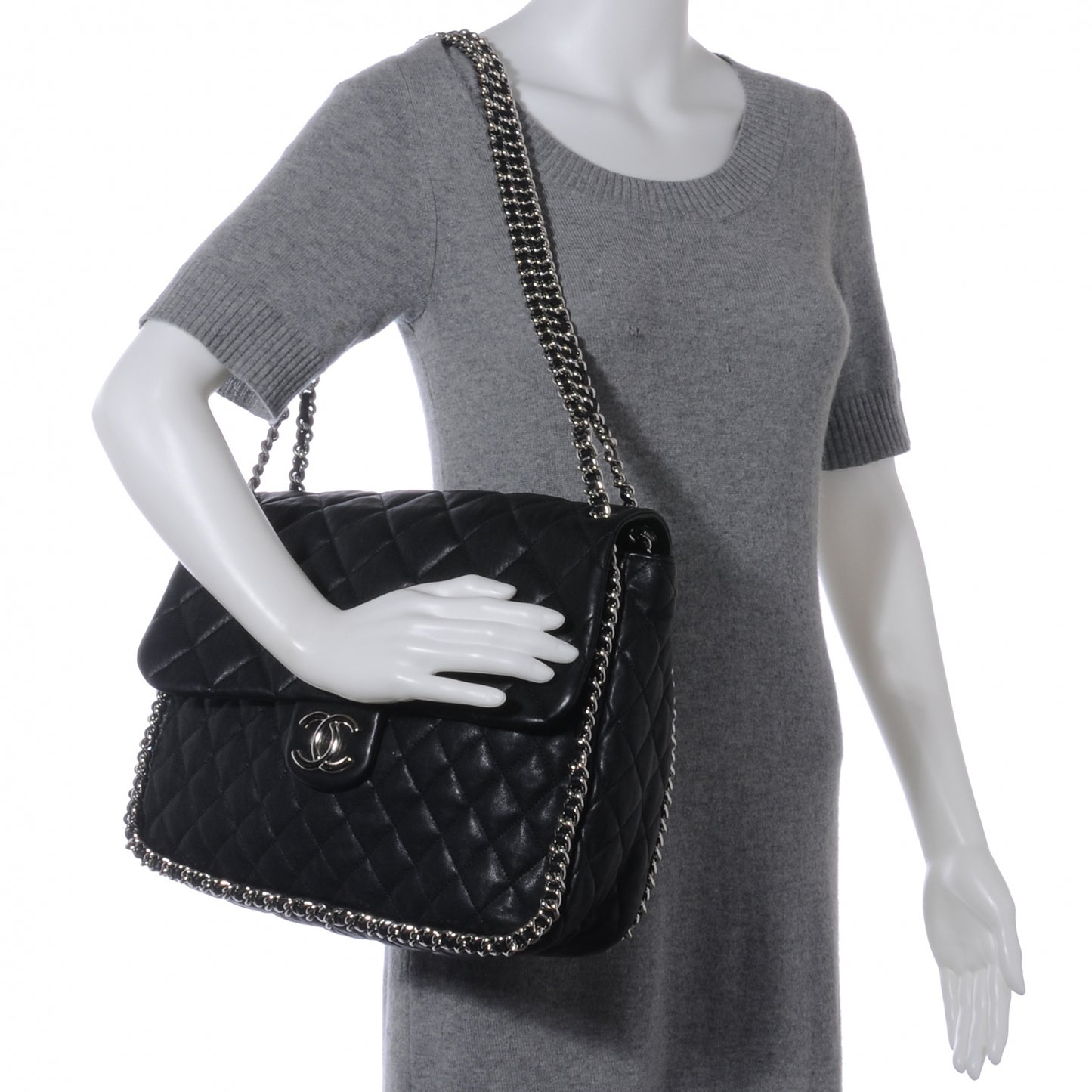 Washed Lambskin Chain Around Maxi Flap Bag Black