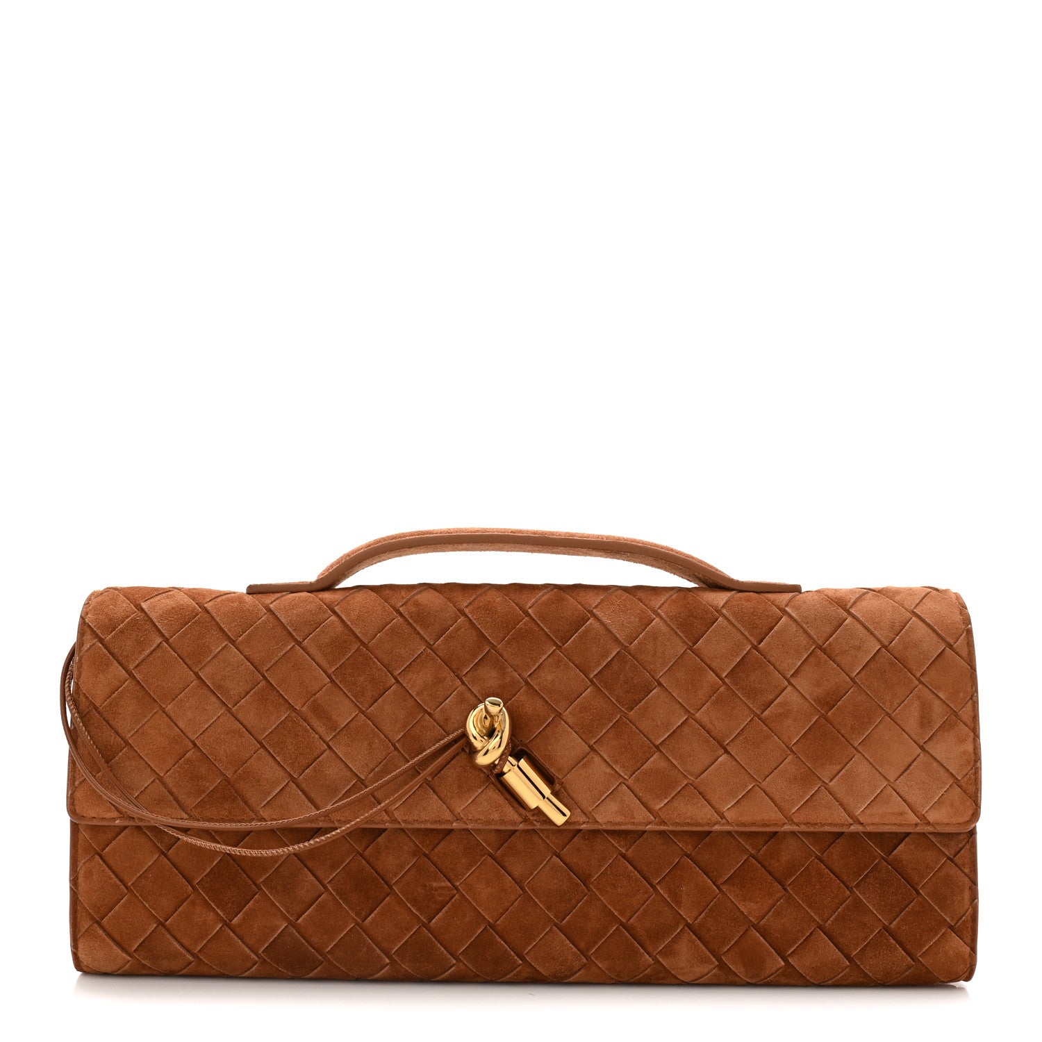 Bottega Veneta Suede Intrecciato Long Andiamo Top Handle Clutch Amber 1 of 6