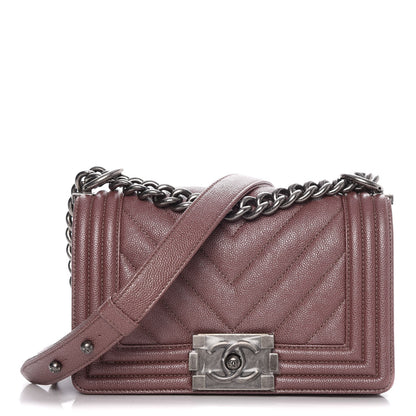 Chanel Metallic Caviar Chevron Quilted Small Boy Flap Dark Pink 1 of 7