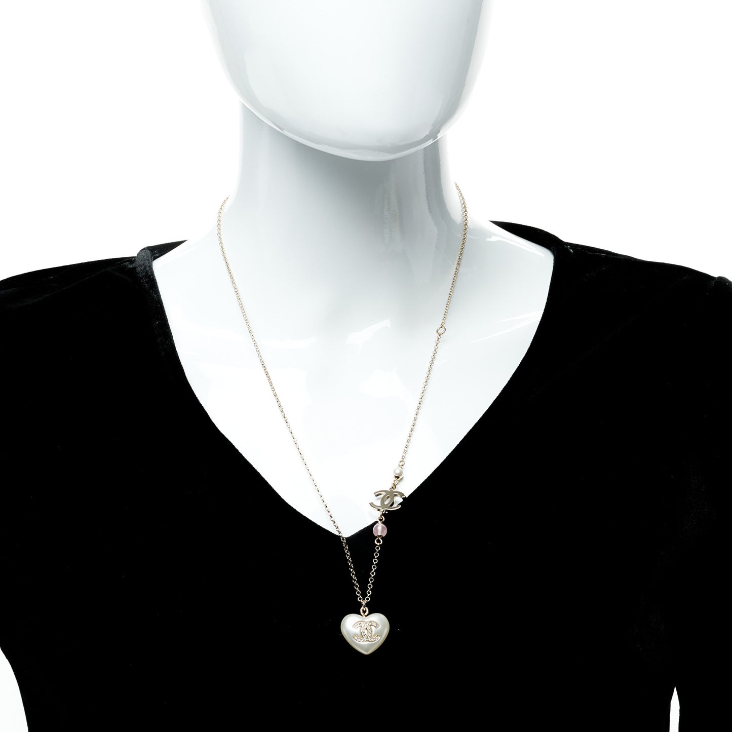 Resin Crystal CC Heart Necklace Pearly White Gold