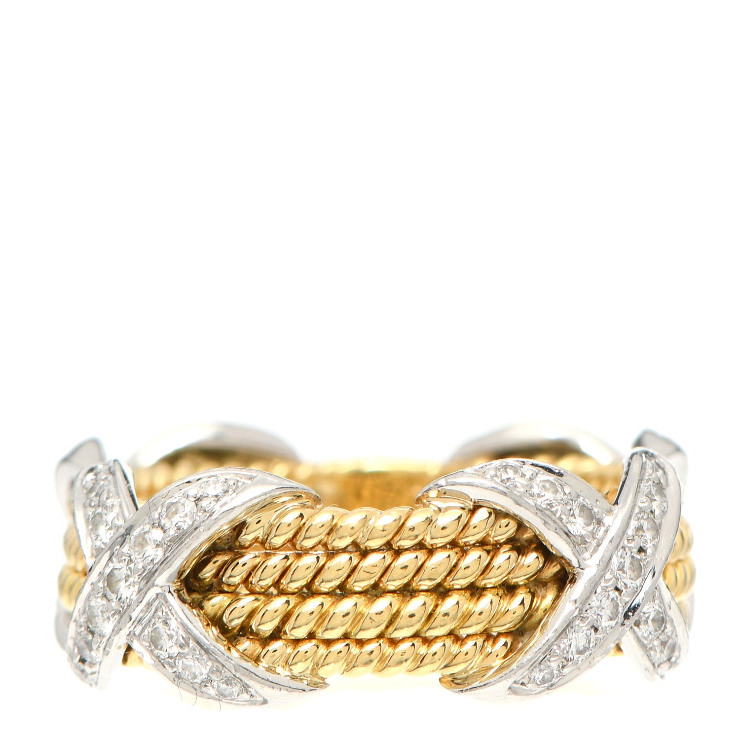 Tiffany 18K Yellow Gold Platinum Diamond Schlumberger Rope Four Row X Ring 62 10 3 of 5