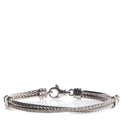 David Yurman Sterling Silver 14k White Gold Pave Diamond Crossover Bracelet 1 of 7