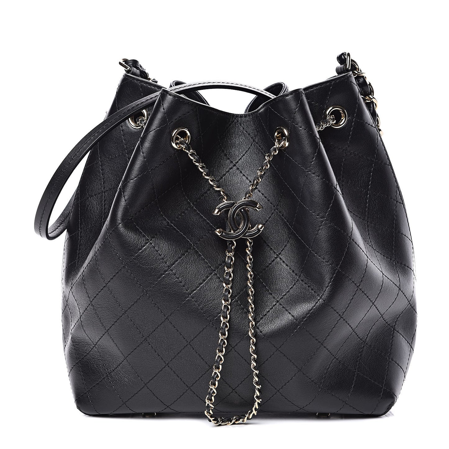 Calfskin Stitched Drawstring Bag Black