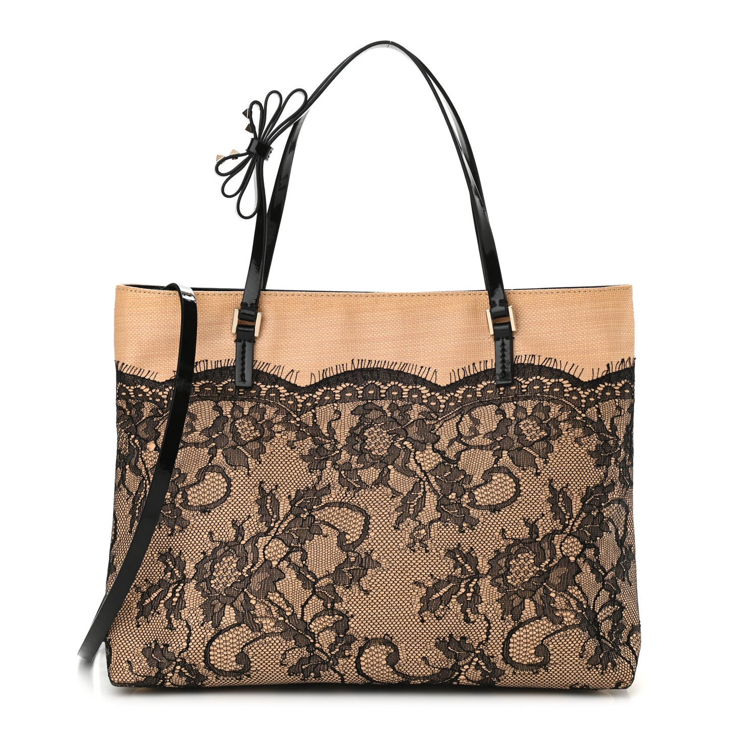 Raffia Straw Lace Tote Black