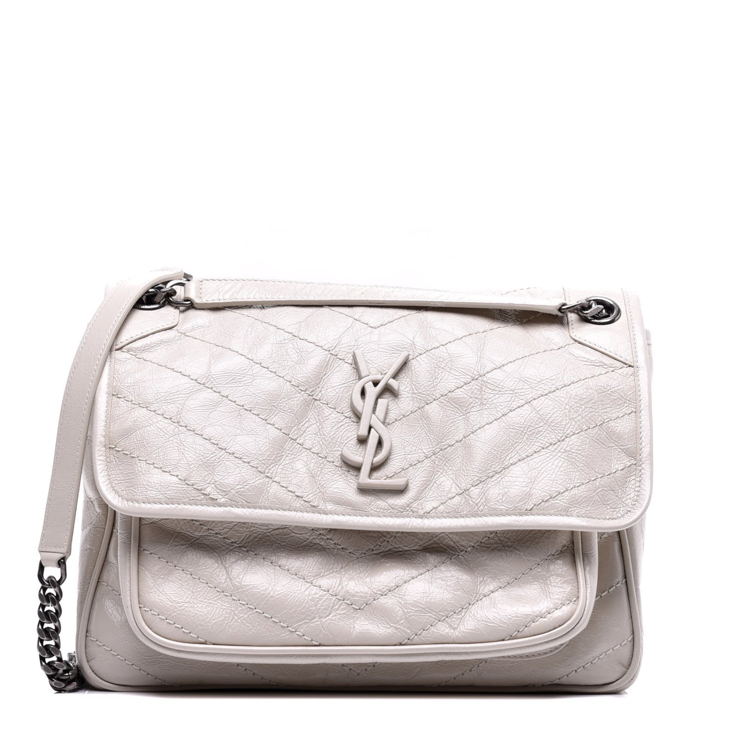 Crinkled Calfskin Matelasse Monogram Medium Niki Chain Satchel Dirty White