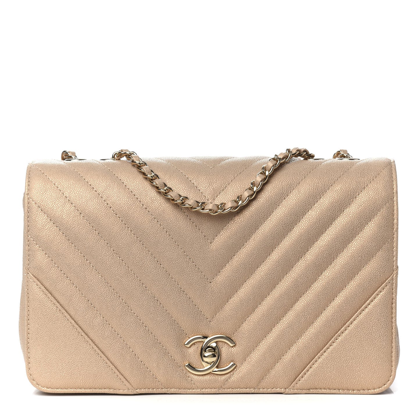 Metallic Caviar Chevron Quilted Medium Statement Flap Beige
