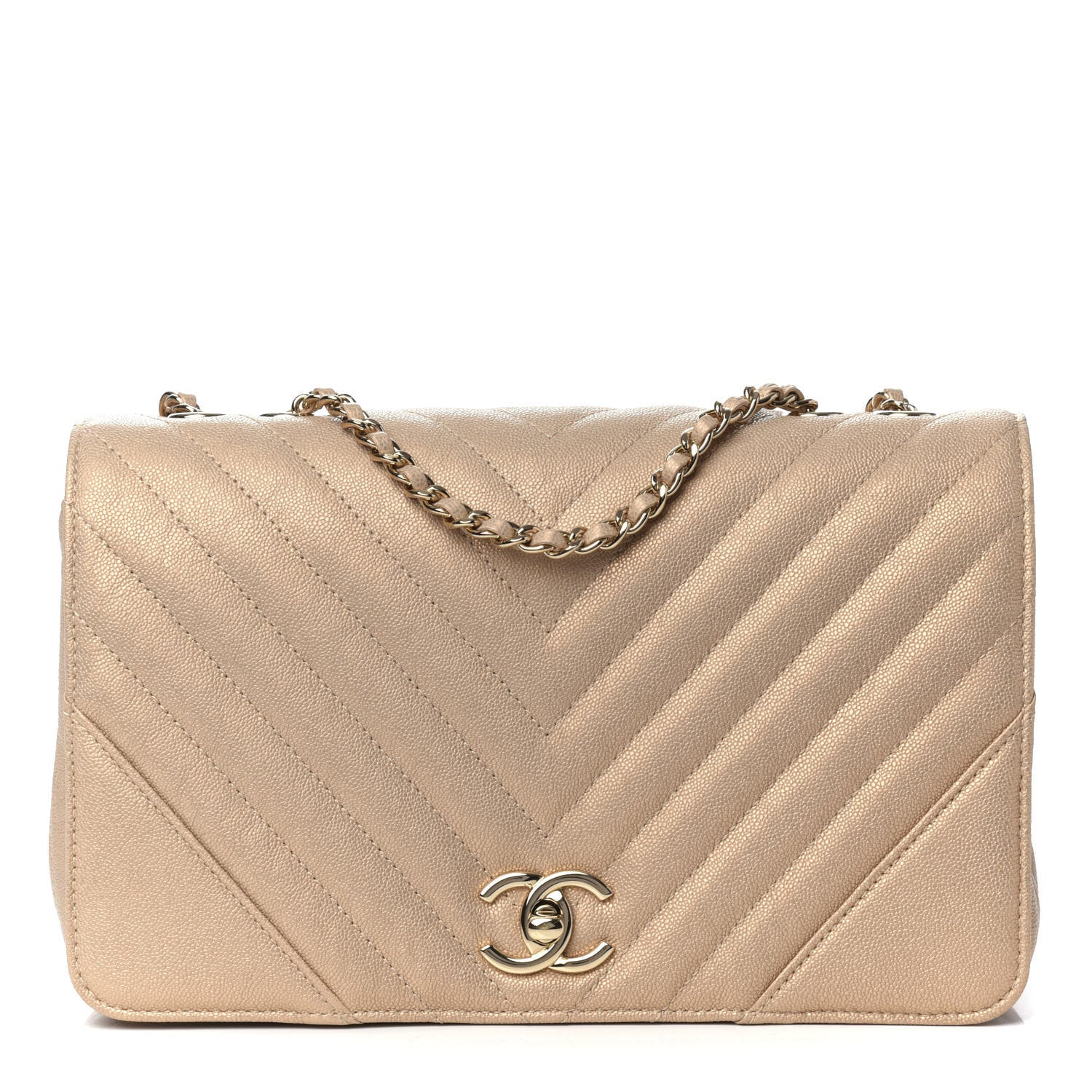Chanel Metallic Caviar Chevron Quilted Medium Statement Flap Beige 1 of 10