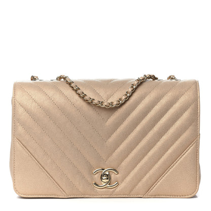 Chanel Metallic Caviar Chevron Quilted Medium Statement Flap Beige 1 of 10