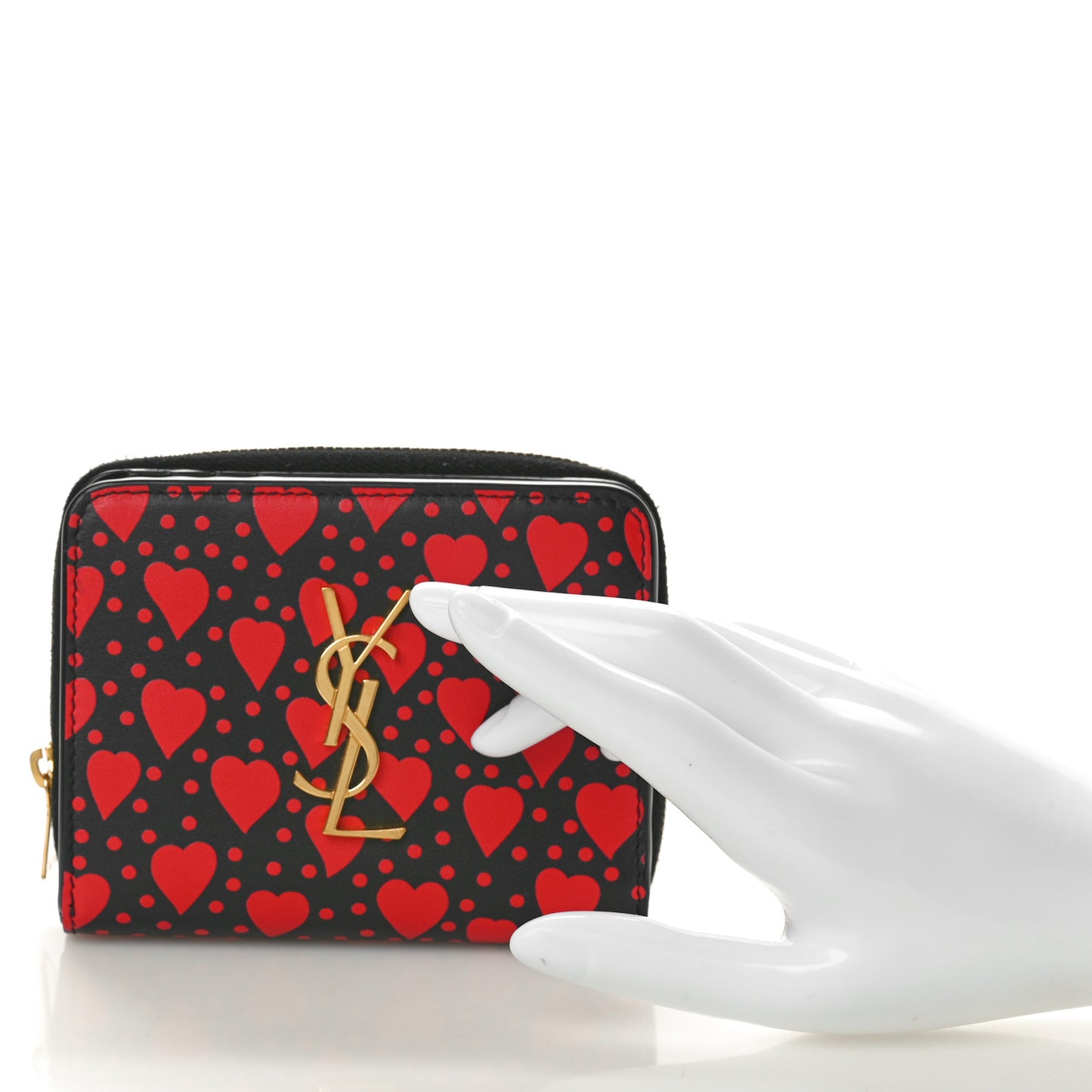 Calfskin Heart Print Monogram Compact Zip Around Wallet Black Red