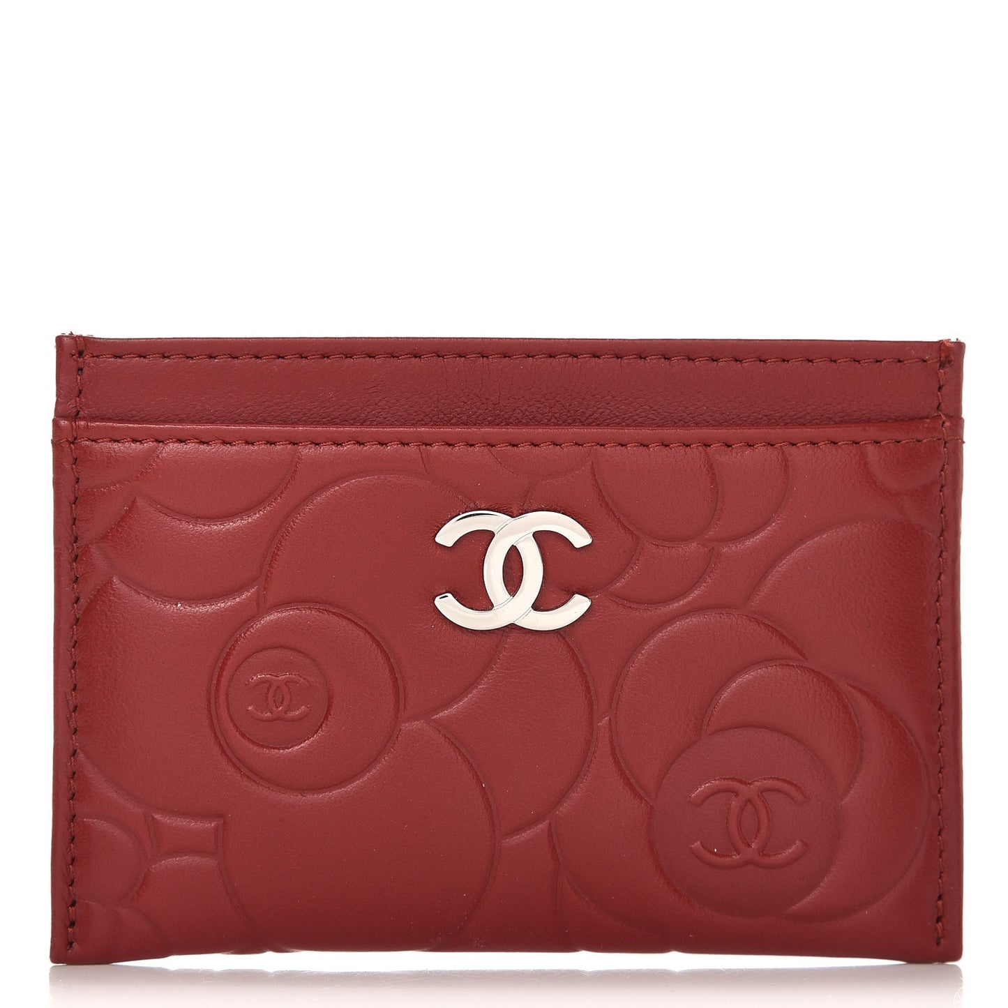 Lambskin Camellia Embossed Card Holder Red