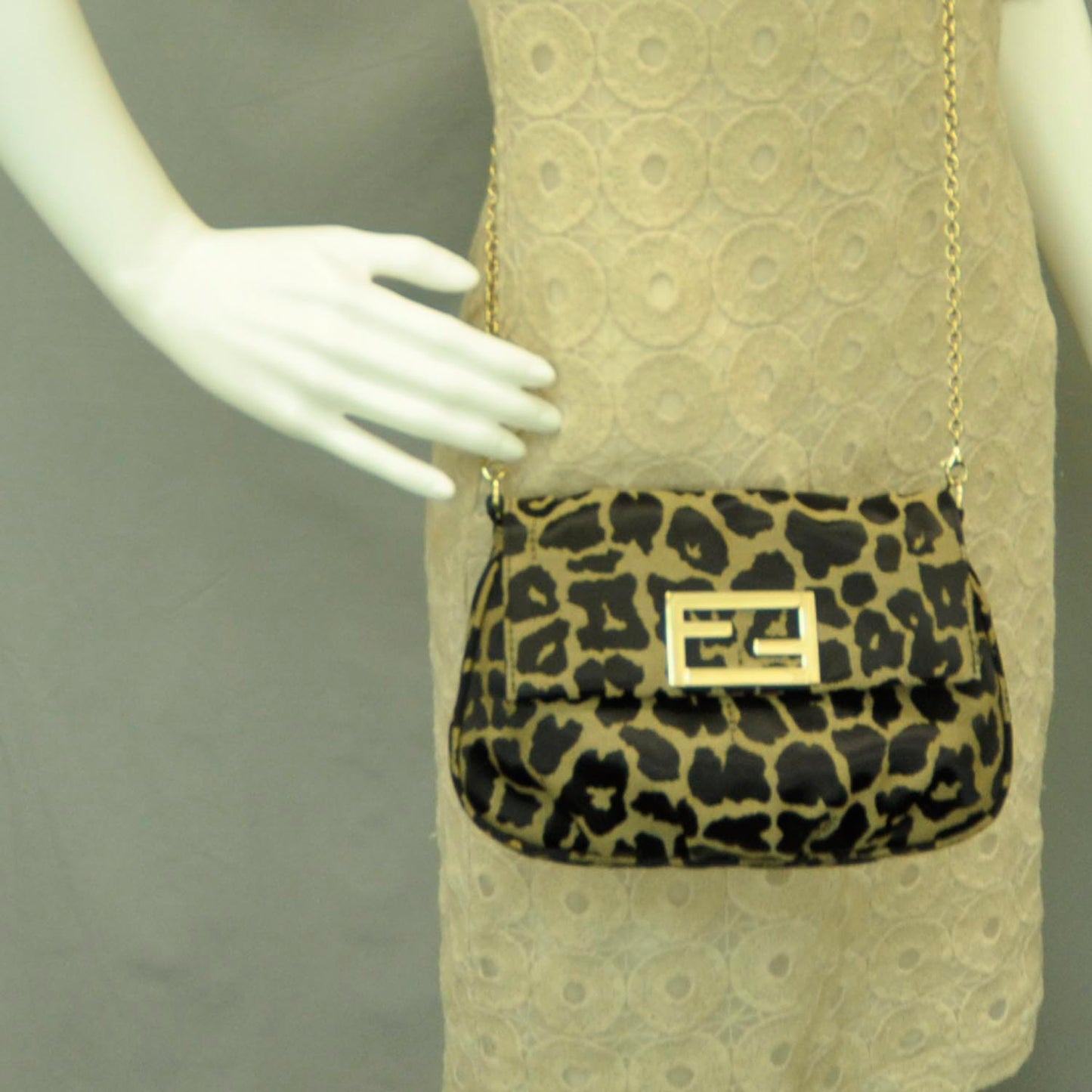 Jacquard Leopard Print Fendista Pouchette Crossbody Taupe Black