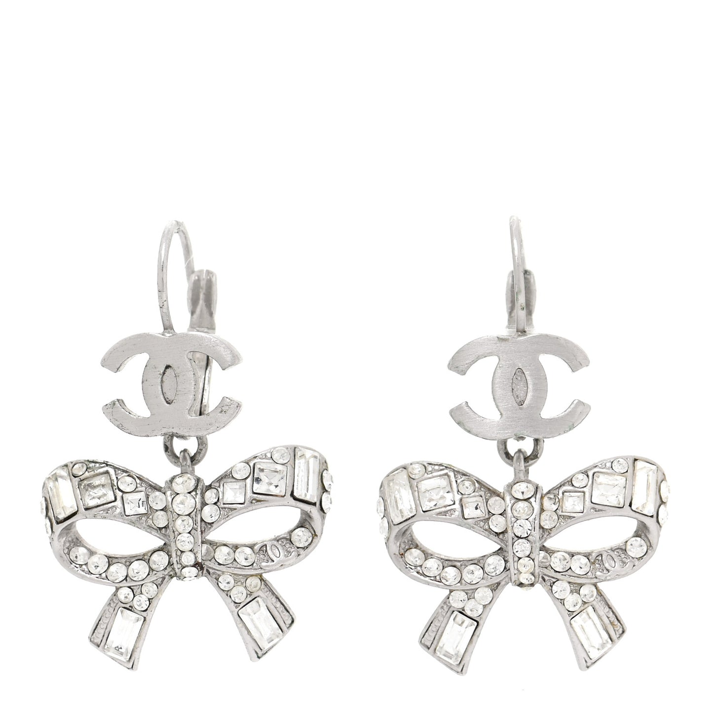 Crystal CC Bow Dangle Earrings Silver