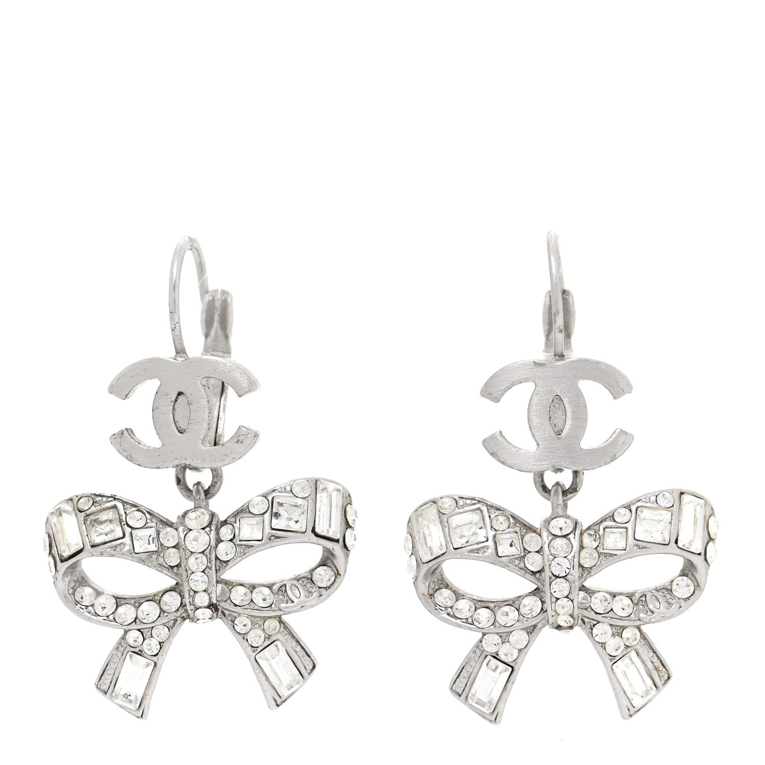 Chanel Crystal CC Bow Dangle Earrings Silver 1 of 4