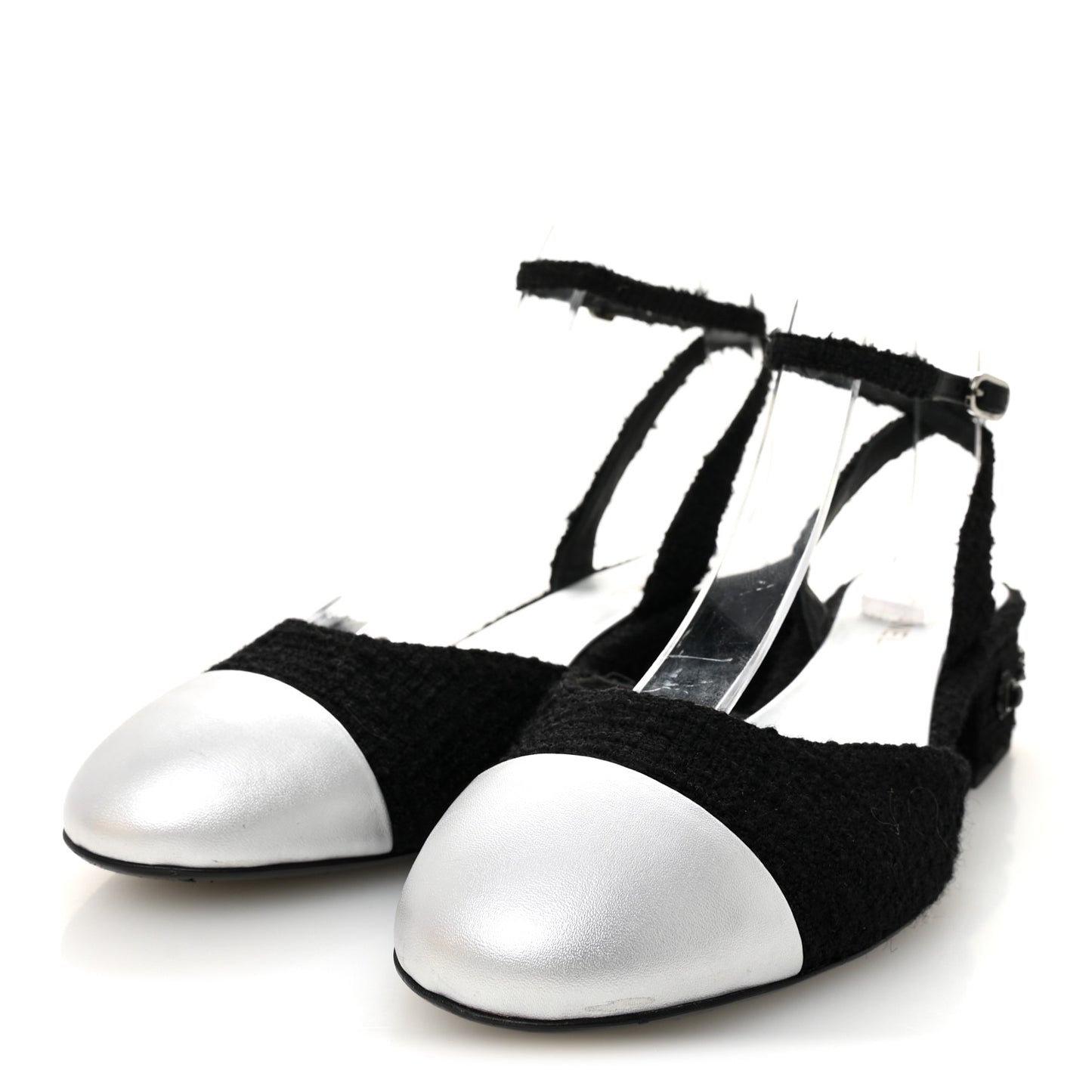 Tweed Iridescent Calfskin Cap Toe CC Slingback Pumps 38.5 Black Silver