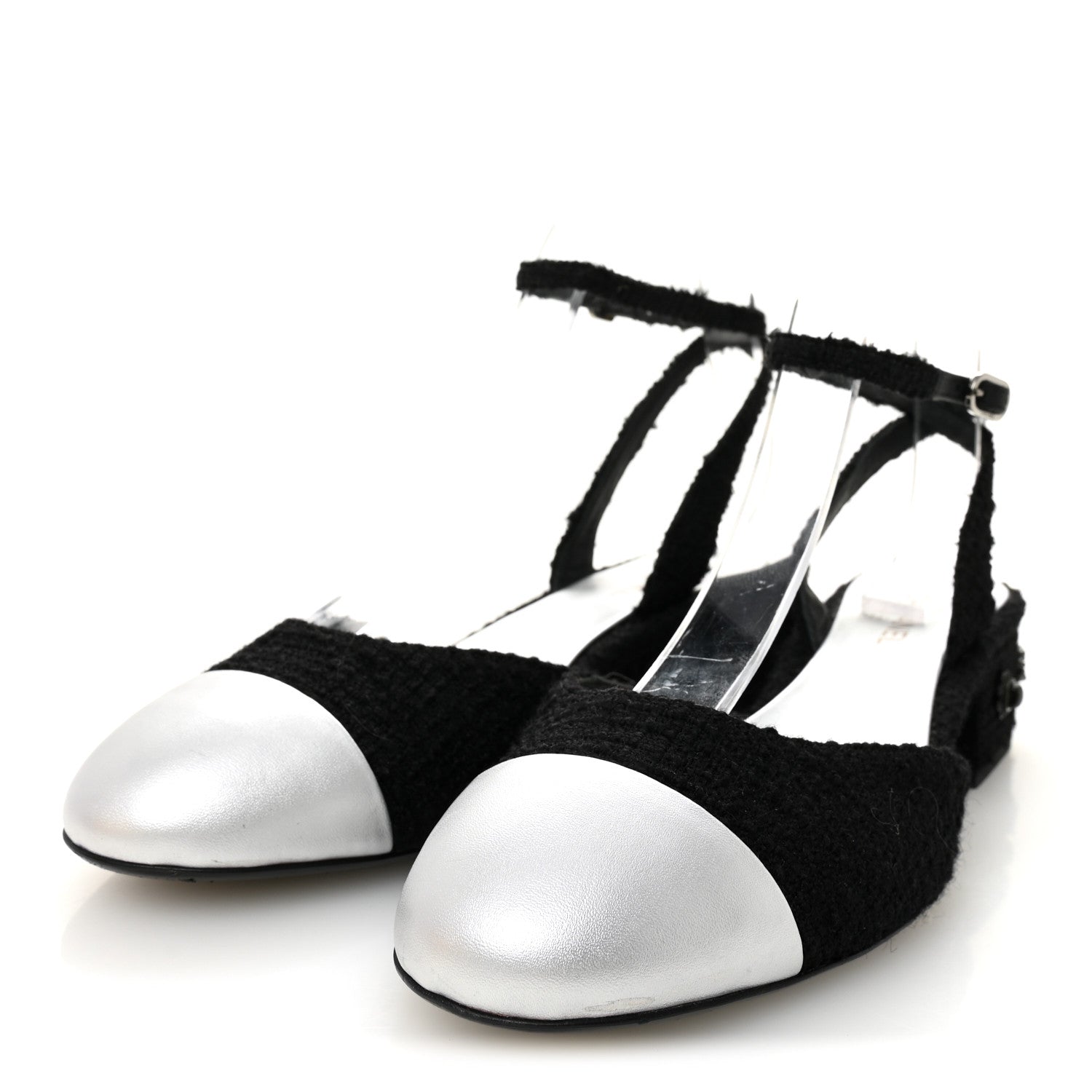 Chanel Tweed Iridescent Calfskin Cap Toe CC Slingback Pumps 38.5 Black Silver 4 of 8