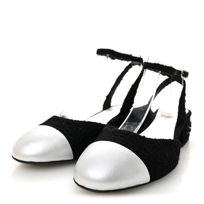 Chanel Tweed Iridescent Calfskin Cap Toe CC Slingback Pumps 38.5 Black Silver 4 of 8