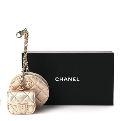 Chanel Metallic Lambskin Quilted Round Clip On Coin Purse Airpods Case Gold 13 of 13