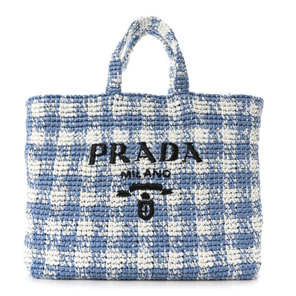 Prada Yarn Raffia Effect Crochet Embroidered Large Logo Tote Celeste 1 of 9