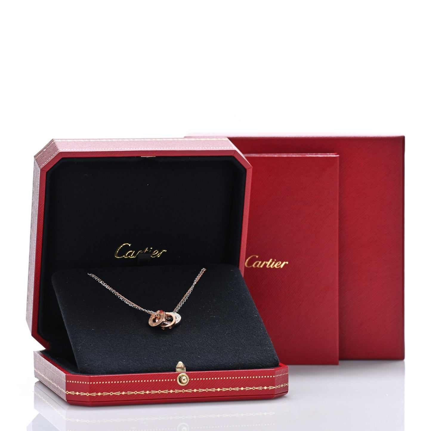 18K White Pink Gold Diamond Three Ring LOVE Pendant Necklace