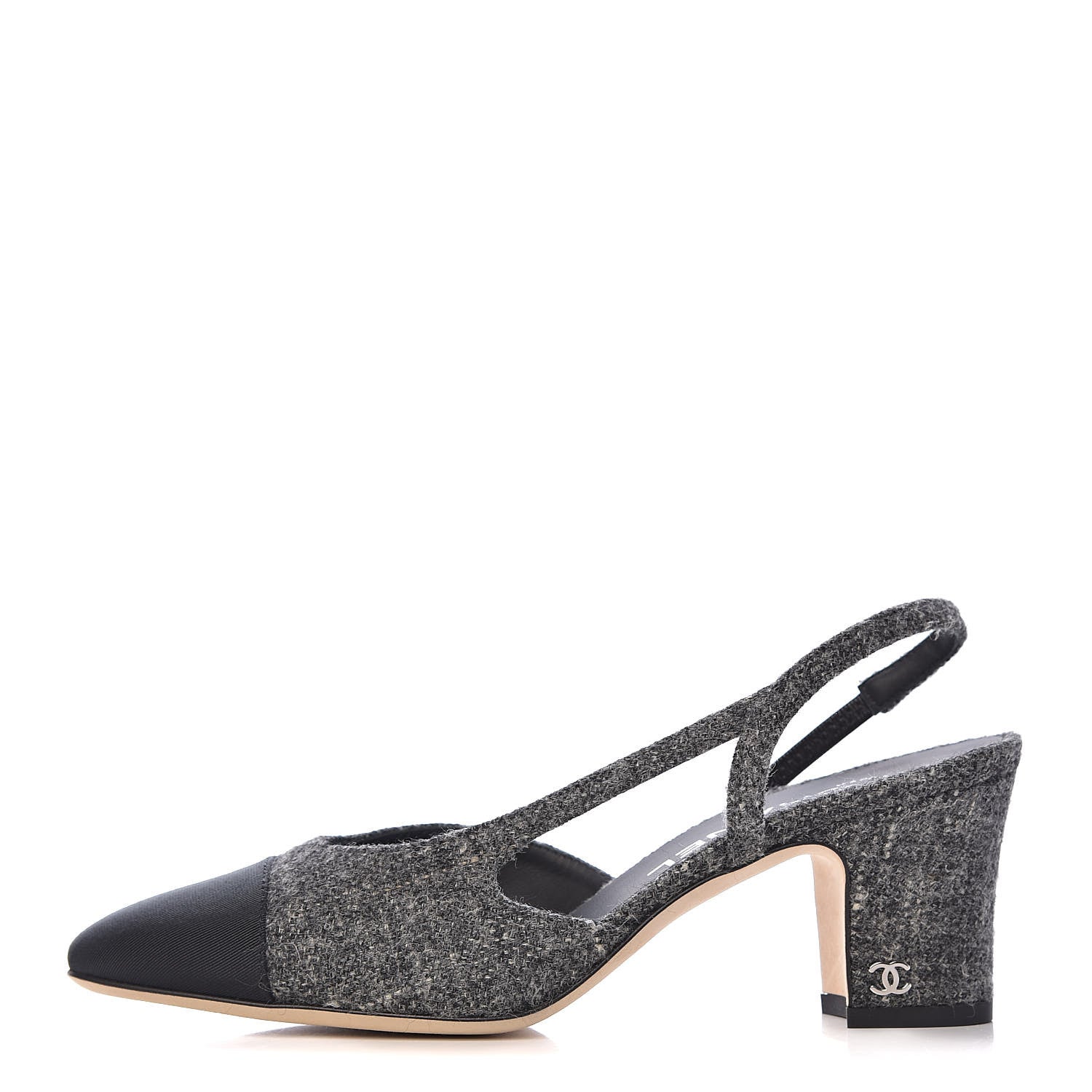 Chanel Tweed Grosgrain Cap Toe CC Slingback Pumps 37 Black Dark Grey 1 of 9