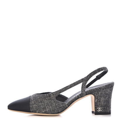 Chanel Tweed Grosgrain Cap Toe CC Slingback Pumps 37 Black Dark Grey 1 of 9