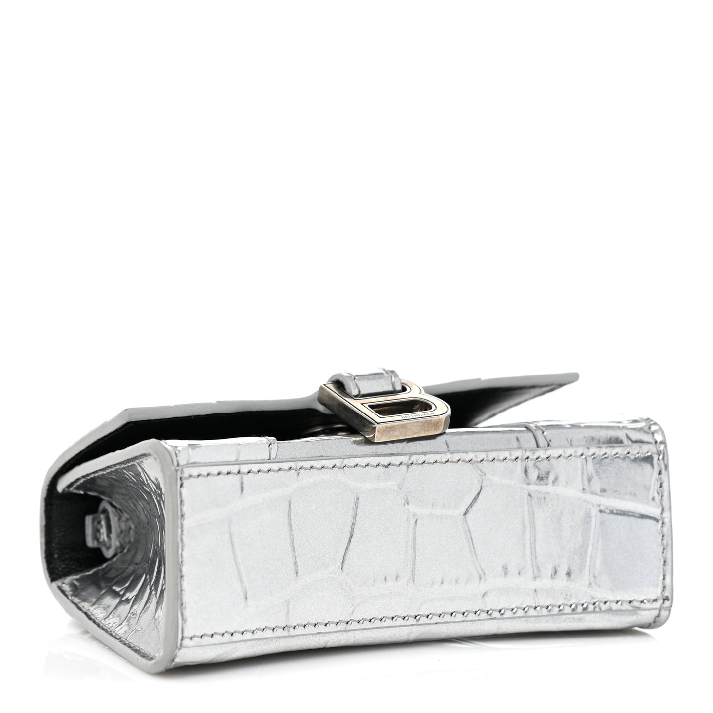 Metallic Calfskin Crocodile Embossed Hourglass Top Handle Bag Mini Silver