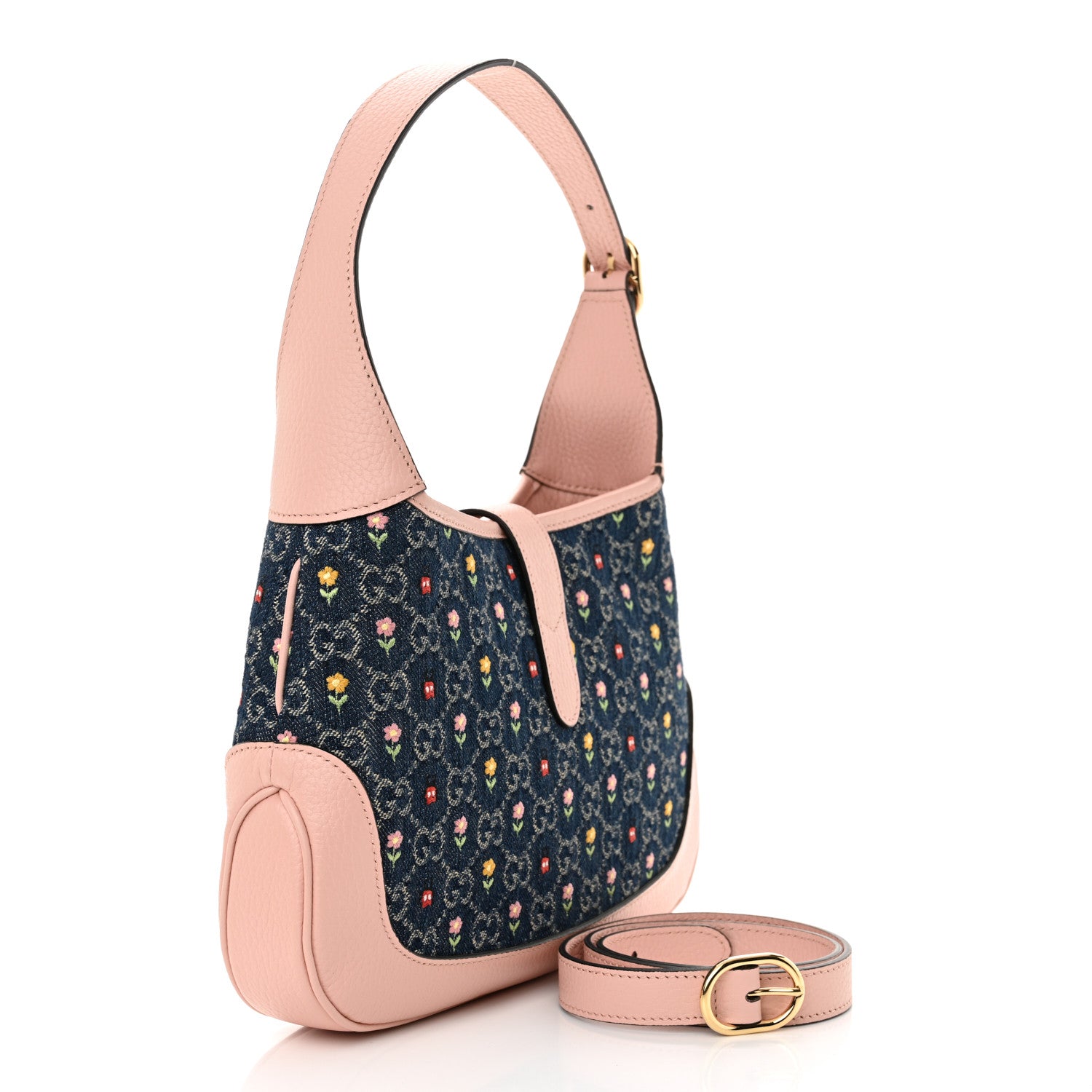 Gucci New Denim GG Monogram Calfskin Love Parade Small Jackie 1961 Hobo Light Pink 3 of 10
