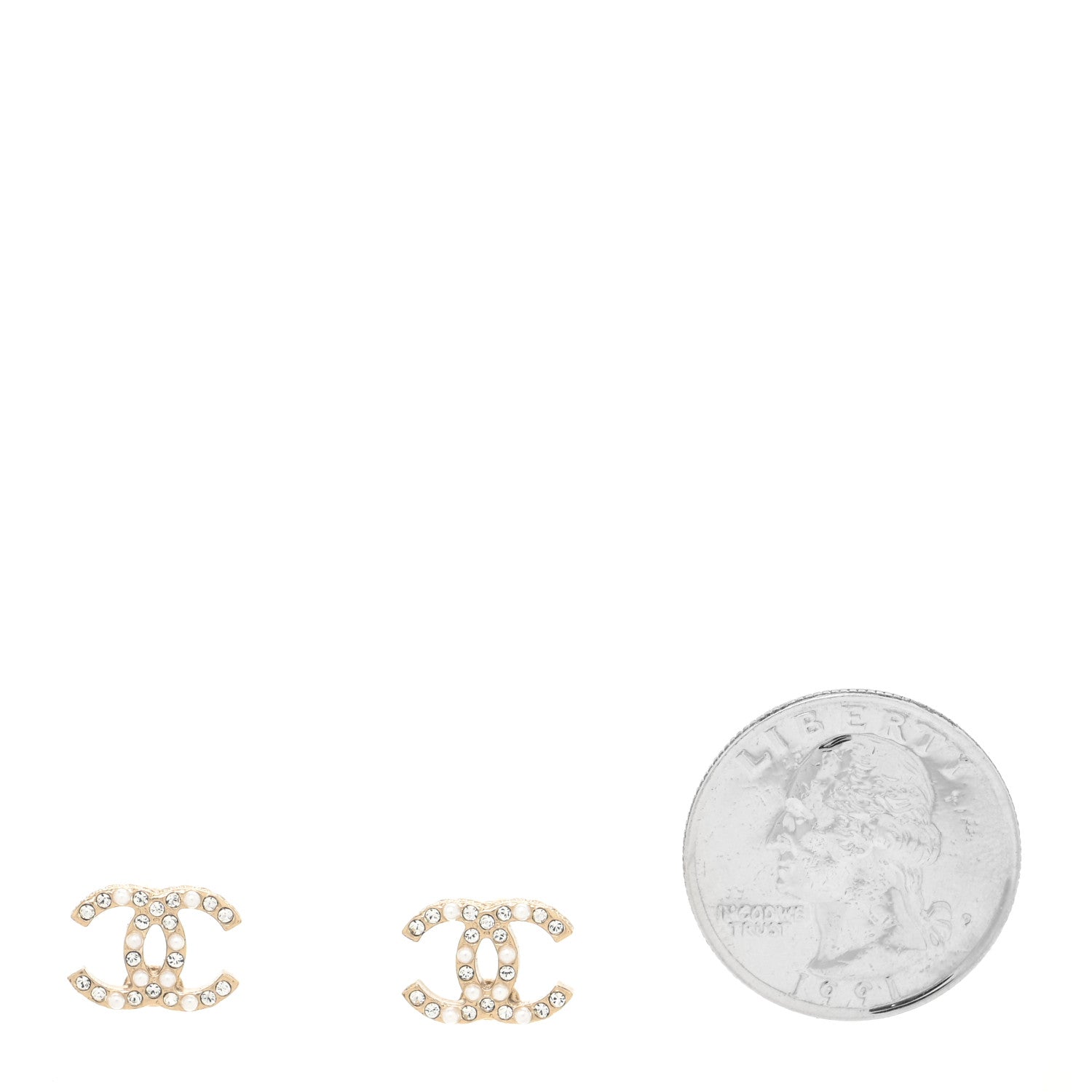 Chanel Pearl Crystal CC Charms Stud Earrings Light Gold 2 of 4