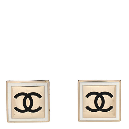 Chanel Metal Enamel CC Square Earrings Gold Black White 1 of 4