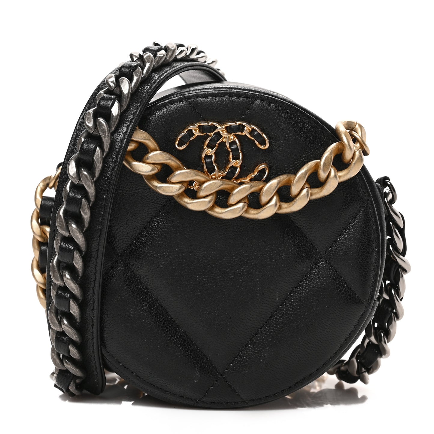Shiny Goatskin Quilted Chanel 19 Round Clutch With Chain Black