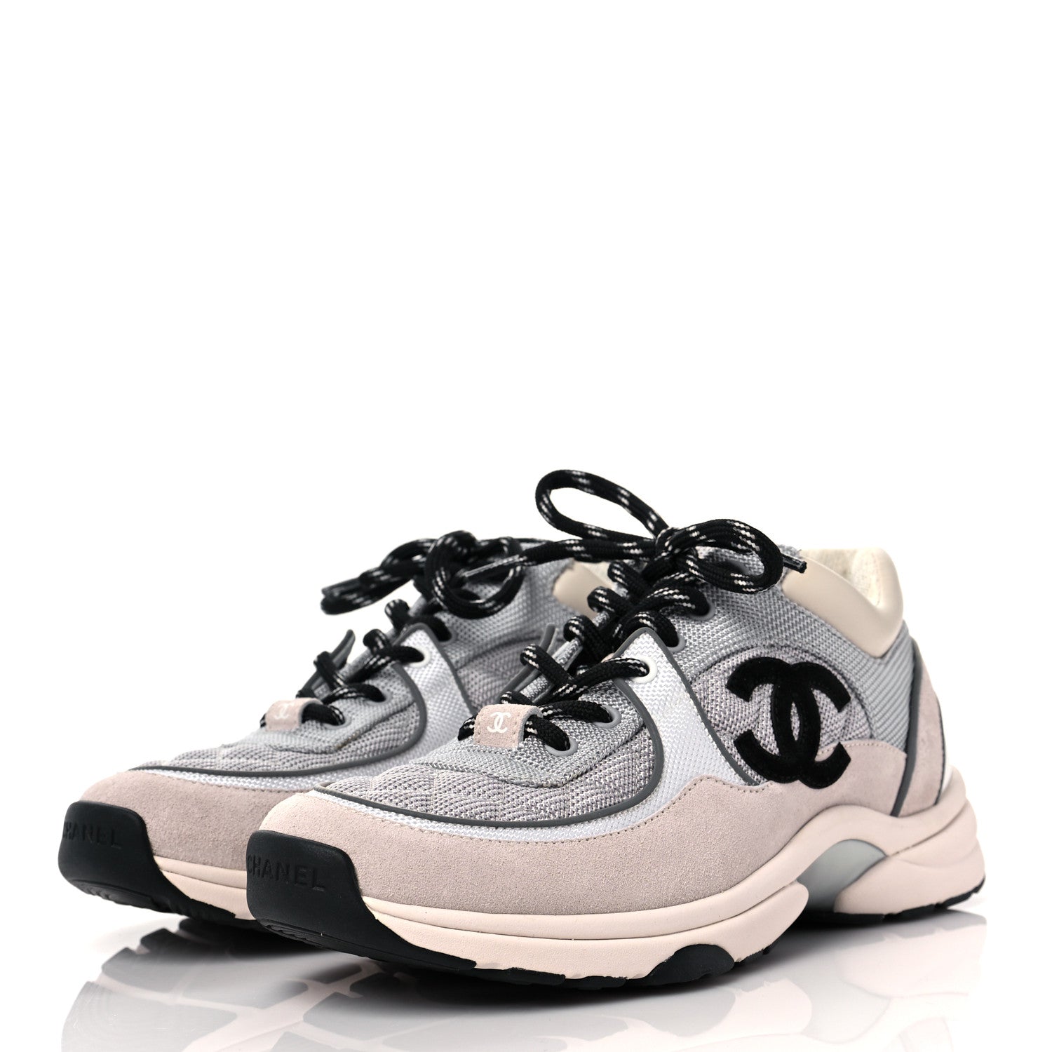 Chanel Nylon Calfskin Suede Womens CC Sneakers 39 Grey White Pink 3 of 8