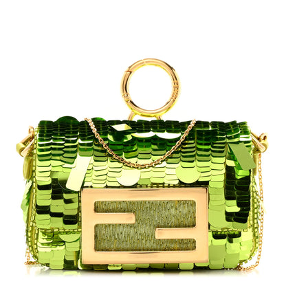 Fendi Sequin Paillettes Shiny Nappa Sex and the City Nano Maxi Buckle Baguette Charm Wasabi 1 of 14