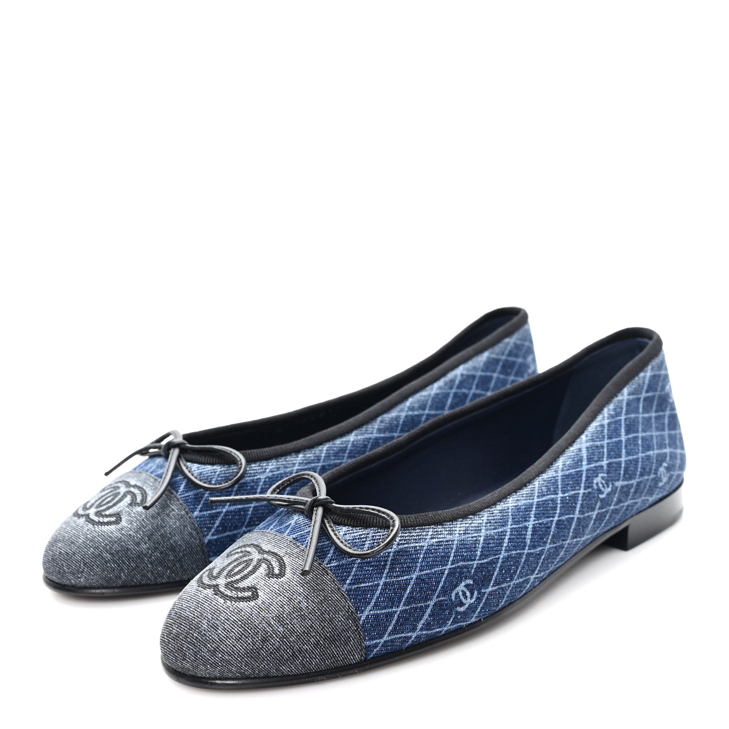 Chanel Denim Printed Quilt CC Cap Toe Ballerina Flats 37 Navy Blue Dark Grey 3 of 10