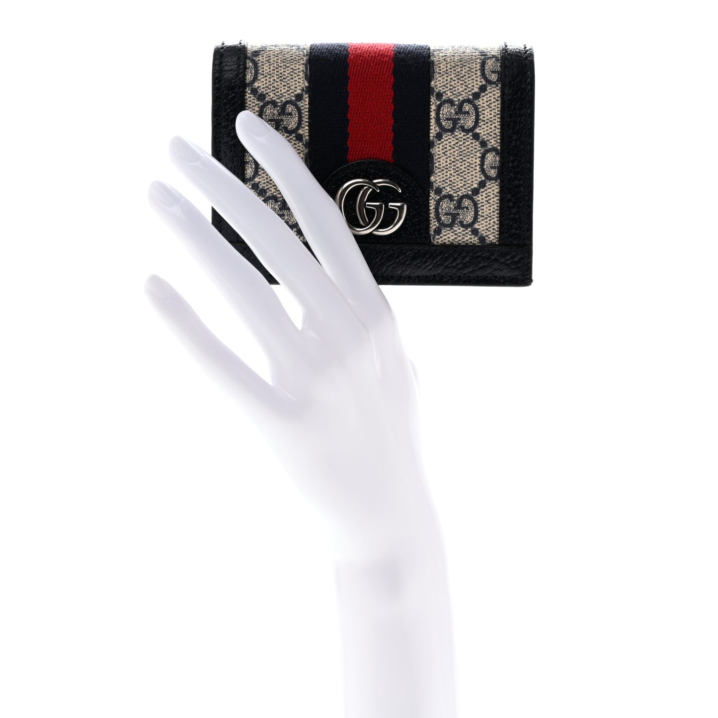 GG Supreme Monogram Textured Dollar Calfskin Web Ophidia Card Case Beige Blue
