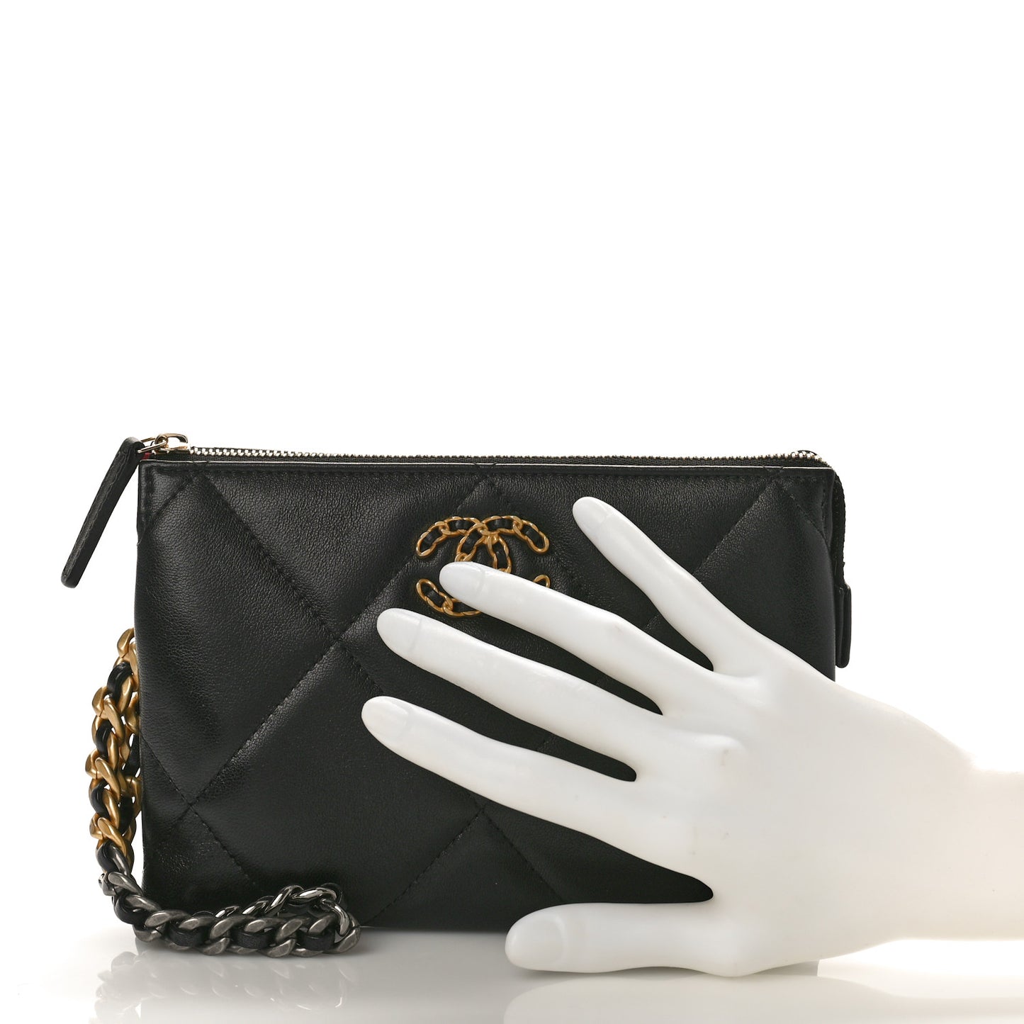 Shiny Goatskin Quilted Small Chanel 19 Pouch With Handle Black