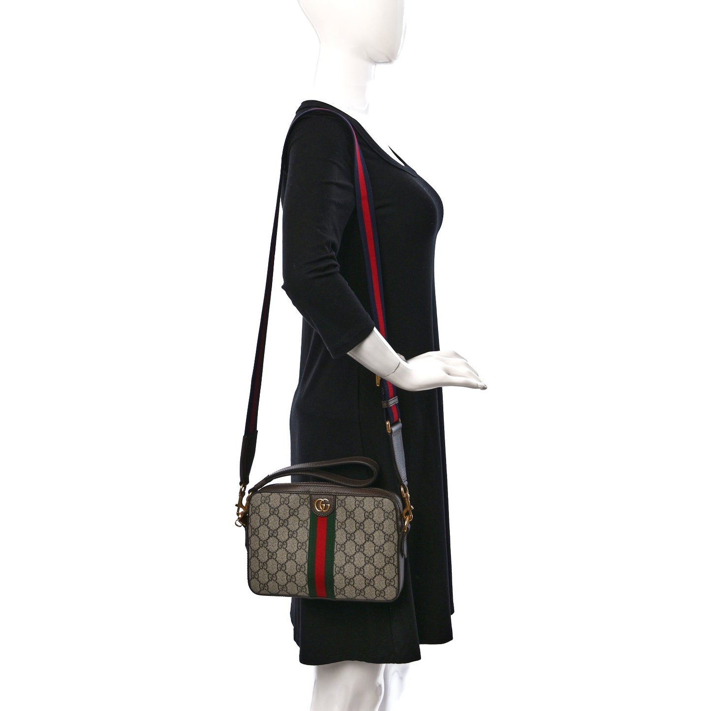 GG Supreme Monogram Textured Dollar Calfskin Web Ophidia Wristlet Shoulder Bag Beige Ebony New Acero