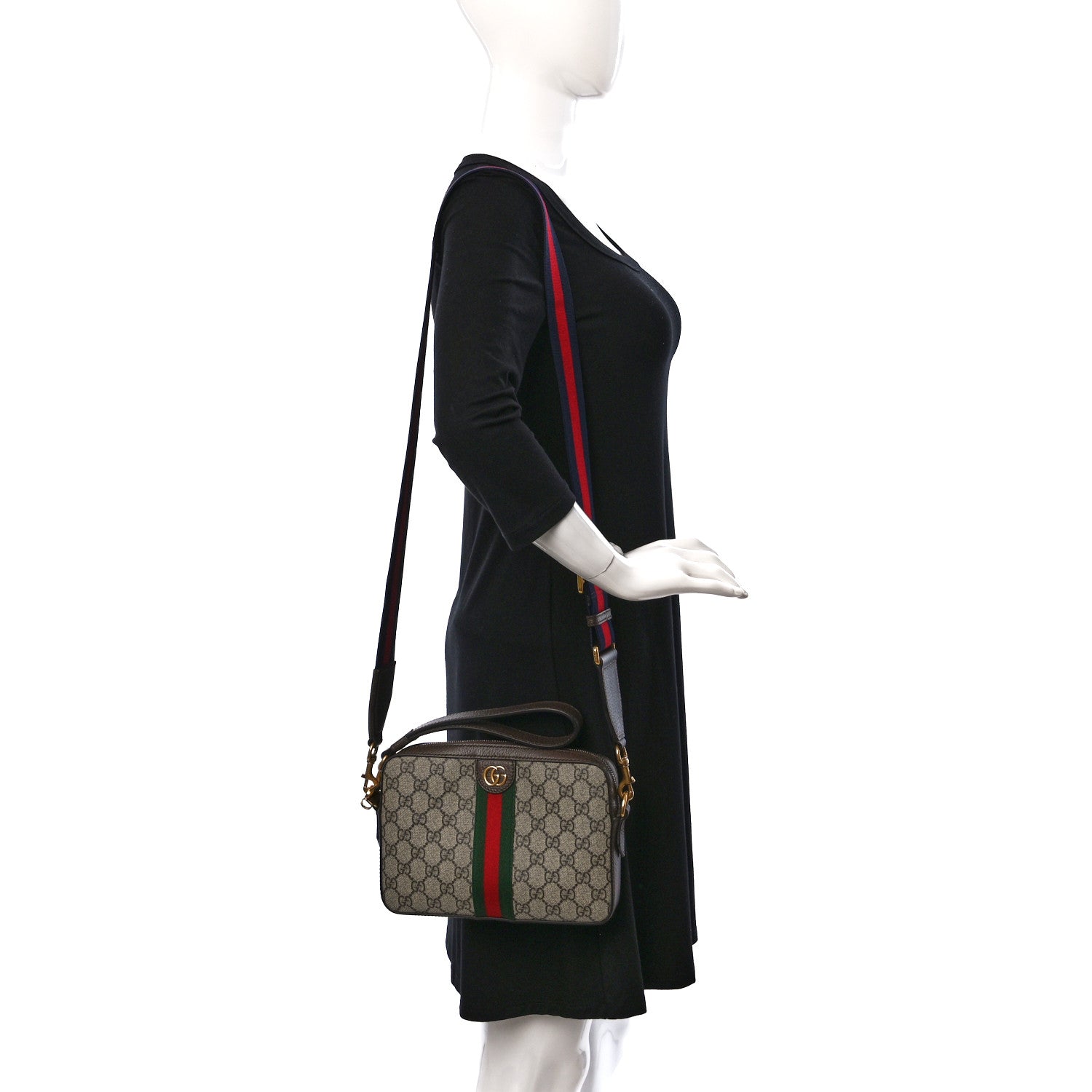 Gucci GG Supreme Monogram Textured Dollar Calfskin Web Ophidia Wristlet Shoulder Bag Beige Ebony New Acero 2 of 11