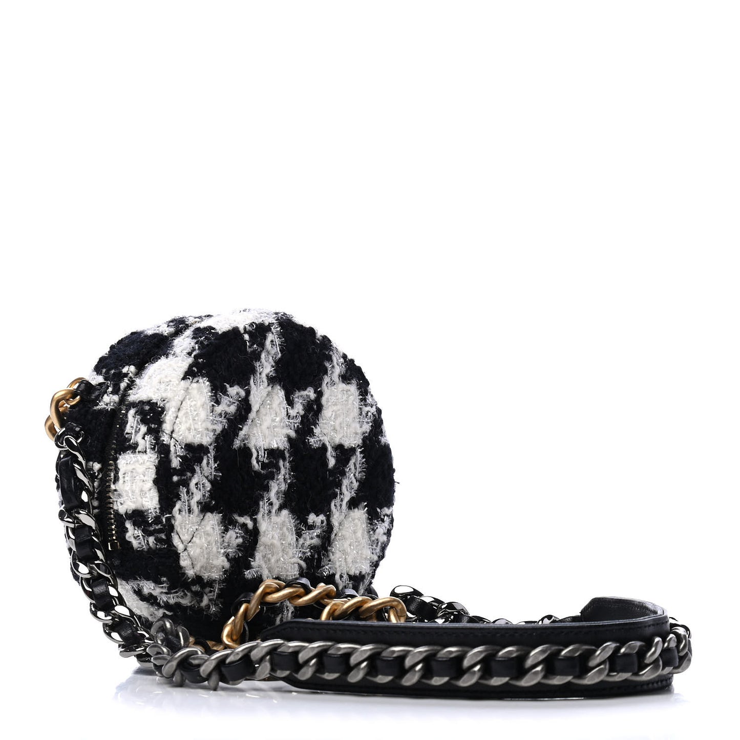 Wool Tweed Lambskin Quilted Chanel 19 Round Clutch With Chain and Coin Purse Black White