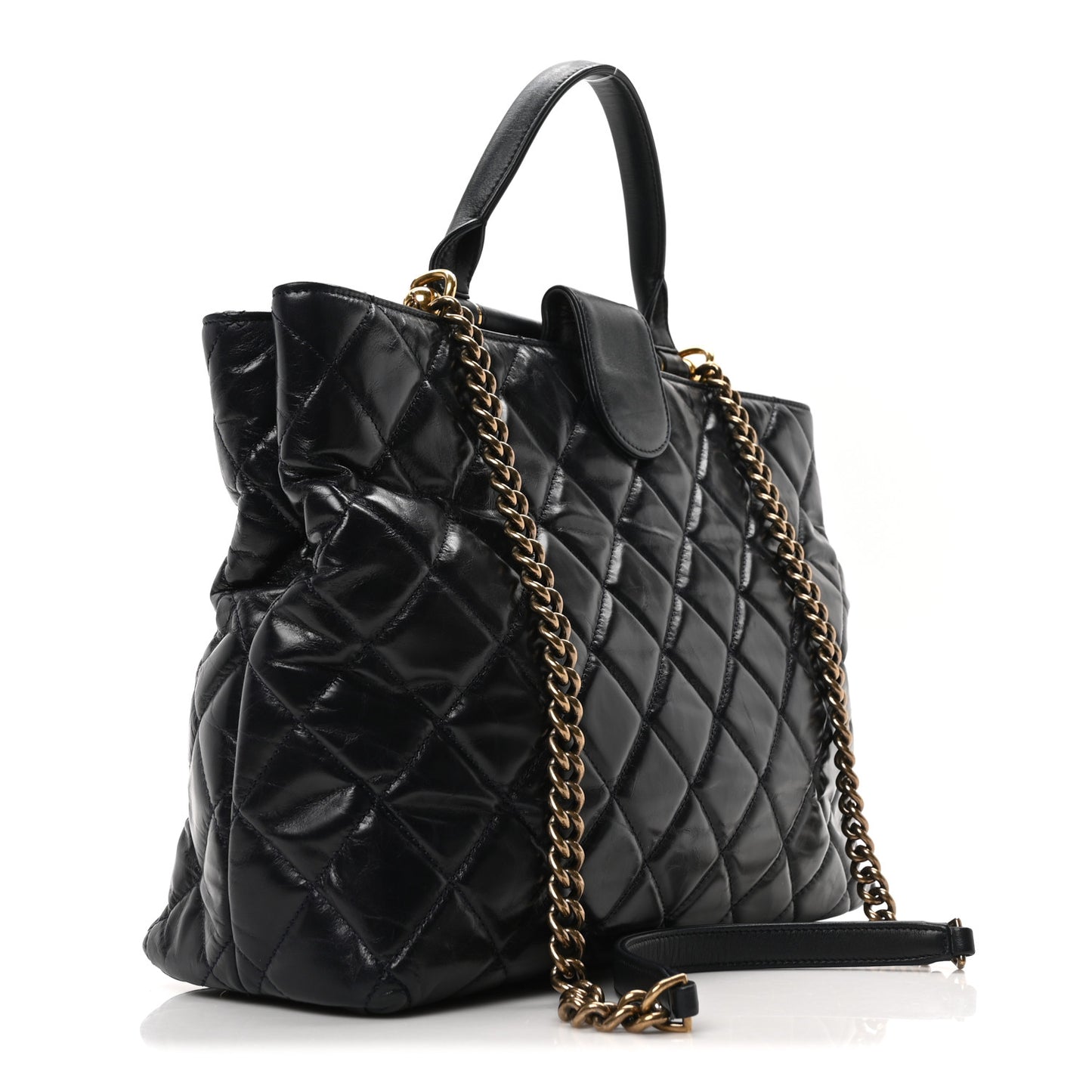 Calfskin Quilted Large Gold Bar Top Handle Tote Dark Navy Blue