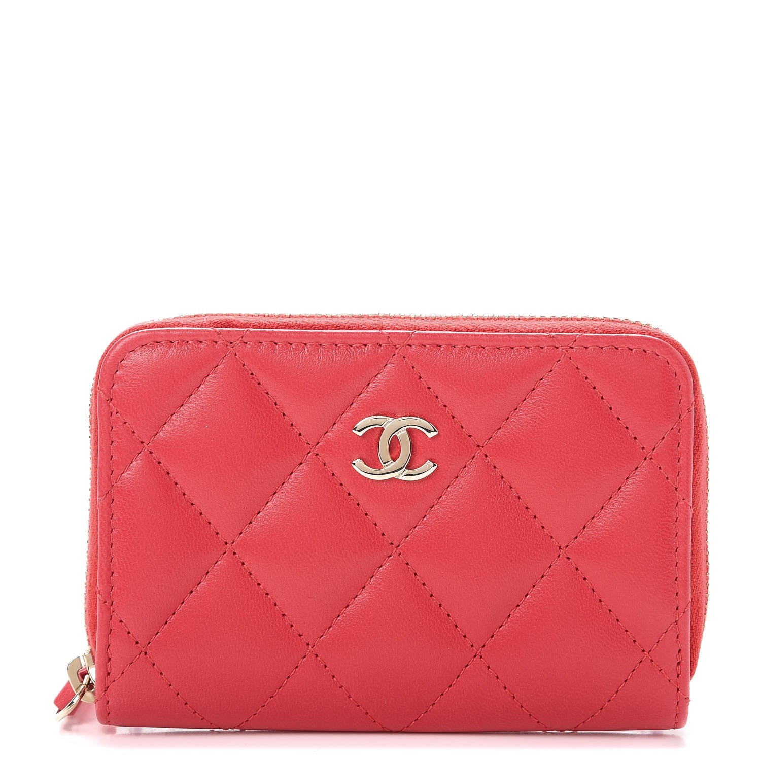 Chanel Lambskin Quilted Zip Around Coin Purse Wallet Light Red 1 of 8