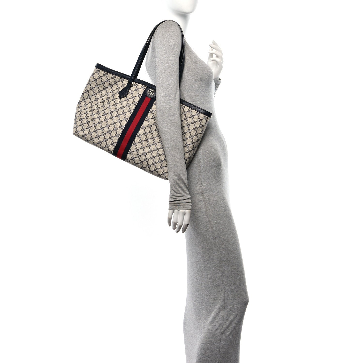 Gucci GG Supreme Monogram Textured Calfskin Web Medium Ophidia Shopping Tote Beige Blue 2 of 10