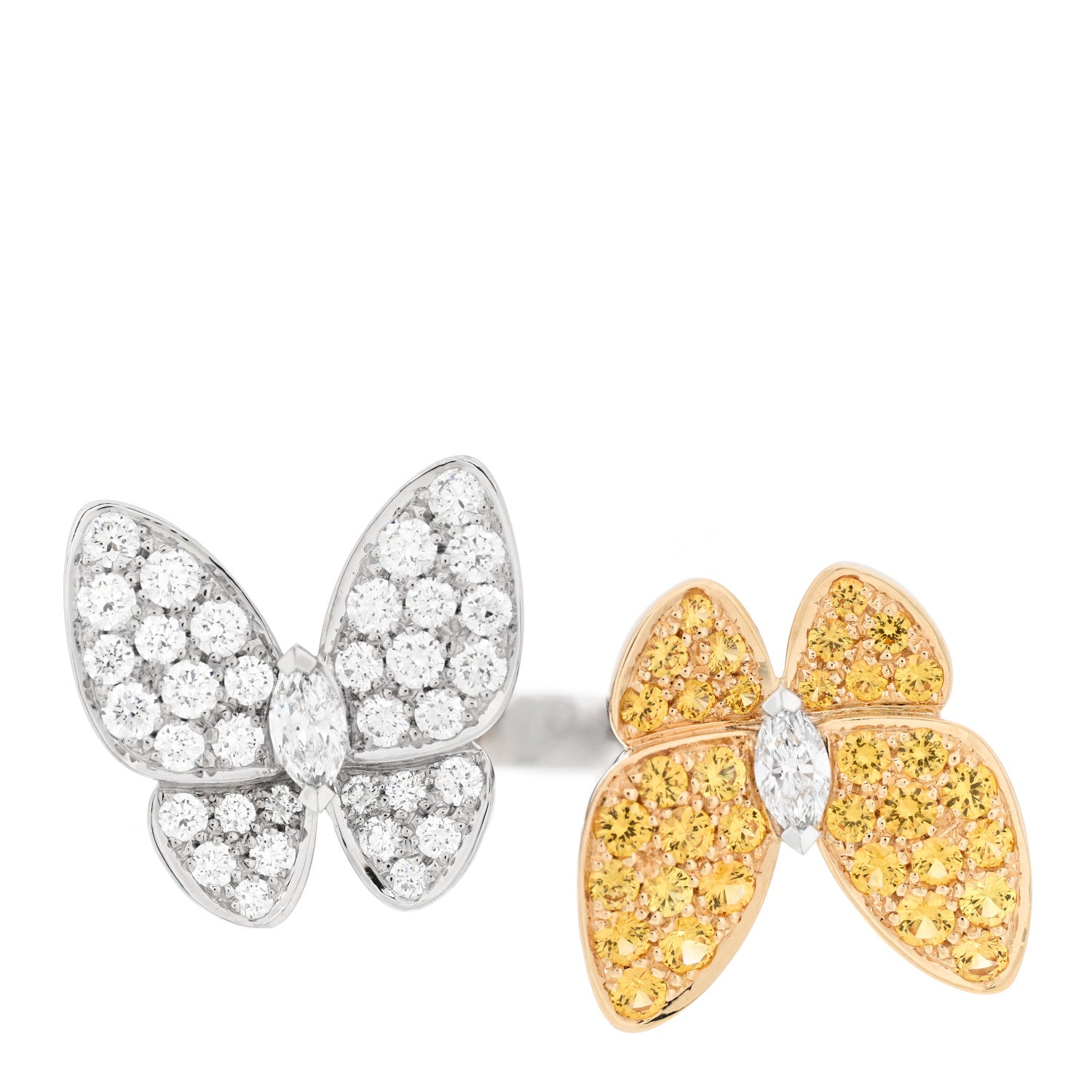 Van Cleef & Arpels 18K White Yellow Gold Diamond Yellow Sapphire Two Butterfly Between The Finger Ring 49 5 1 of 6