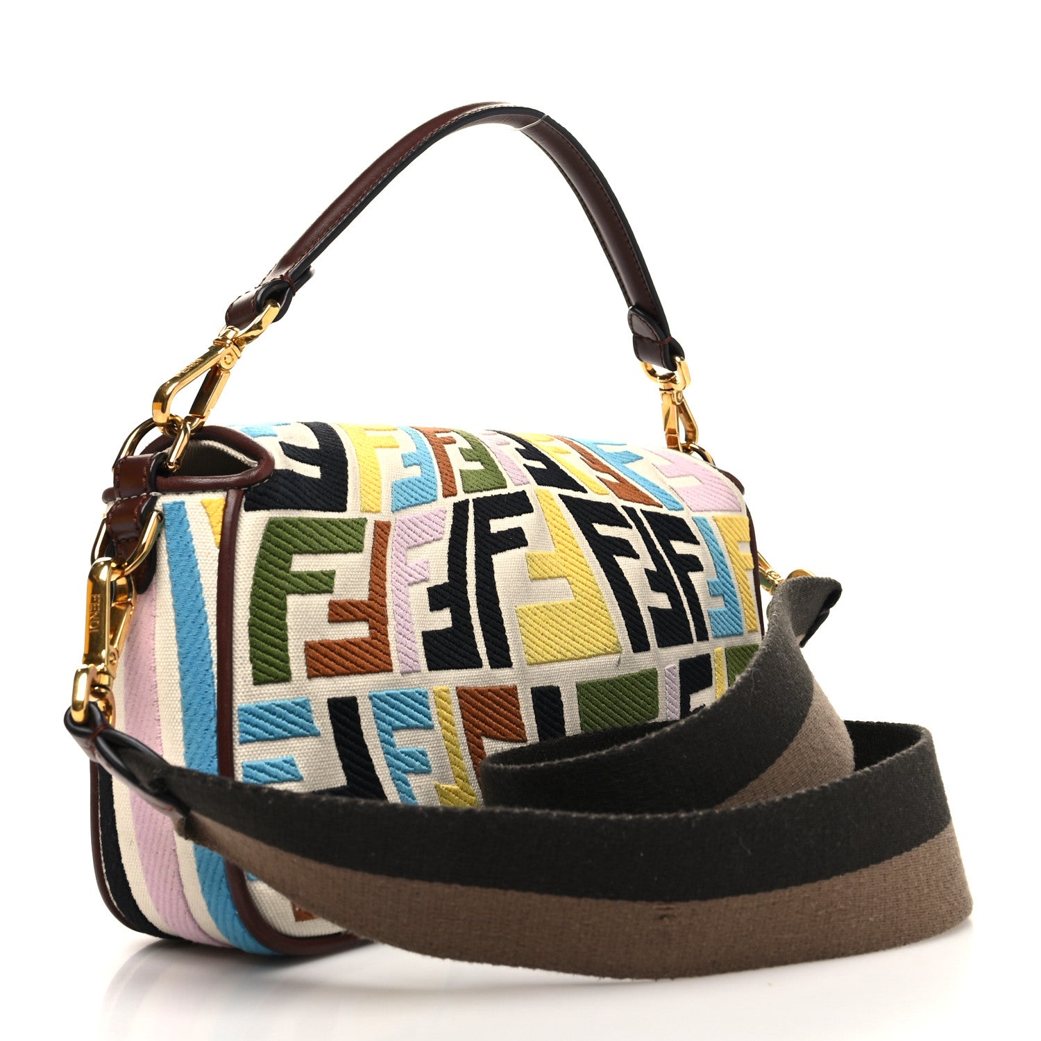 Fendi X SARA COLEMAN Canvas Vitello King Seta FF Fish Eye Embroidered Baguette Grezzo Multicolor Ghianda 3 of 12