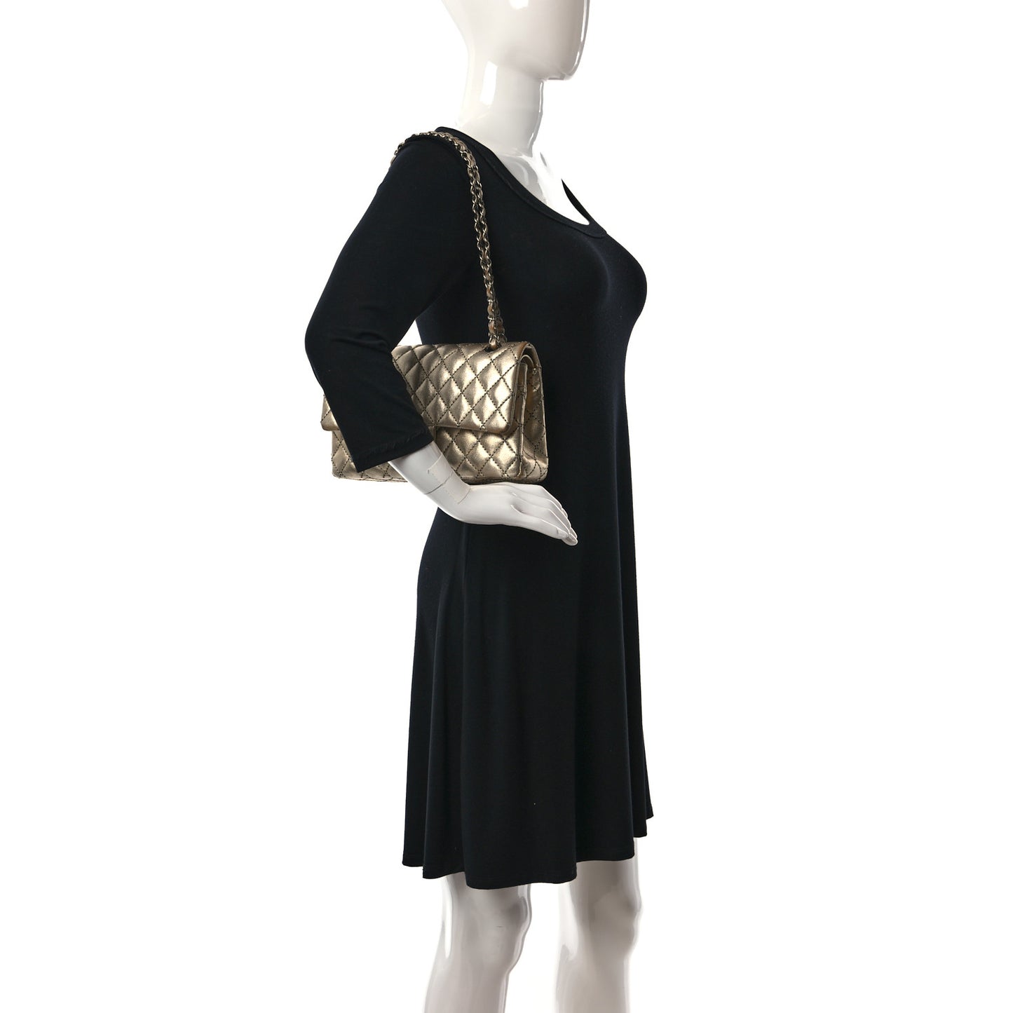 Metallic Washed Lambskin Quilted Medium Double Flap Dark Gold Black