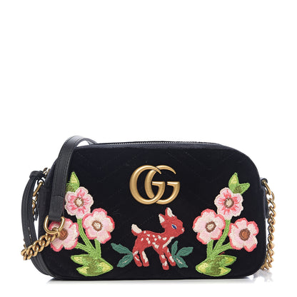 Gucci Velvet Matelasse Deer Embroidered Small GG Marmont Chain Shoulder Bag Black 1 of 9