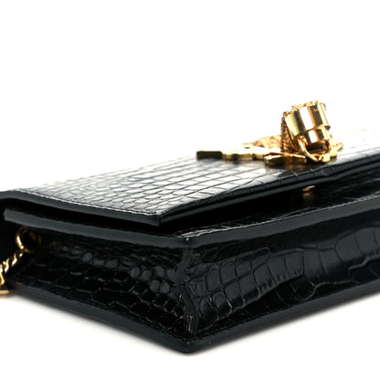 Saint Laurent Calfskin Crocodile Embossed Kate Monogram Tassel Chain Wallet Black 9 of 10