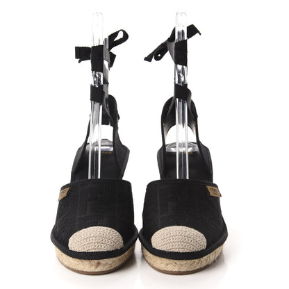 Fendi Canvas FF Embroidered Roma Ankle Wrap Espadrille Wedges 39 Black 2 of 9