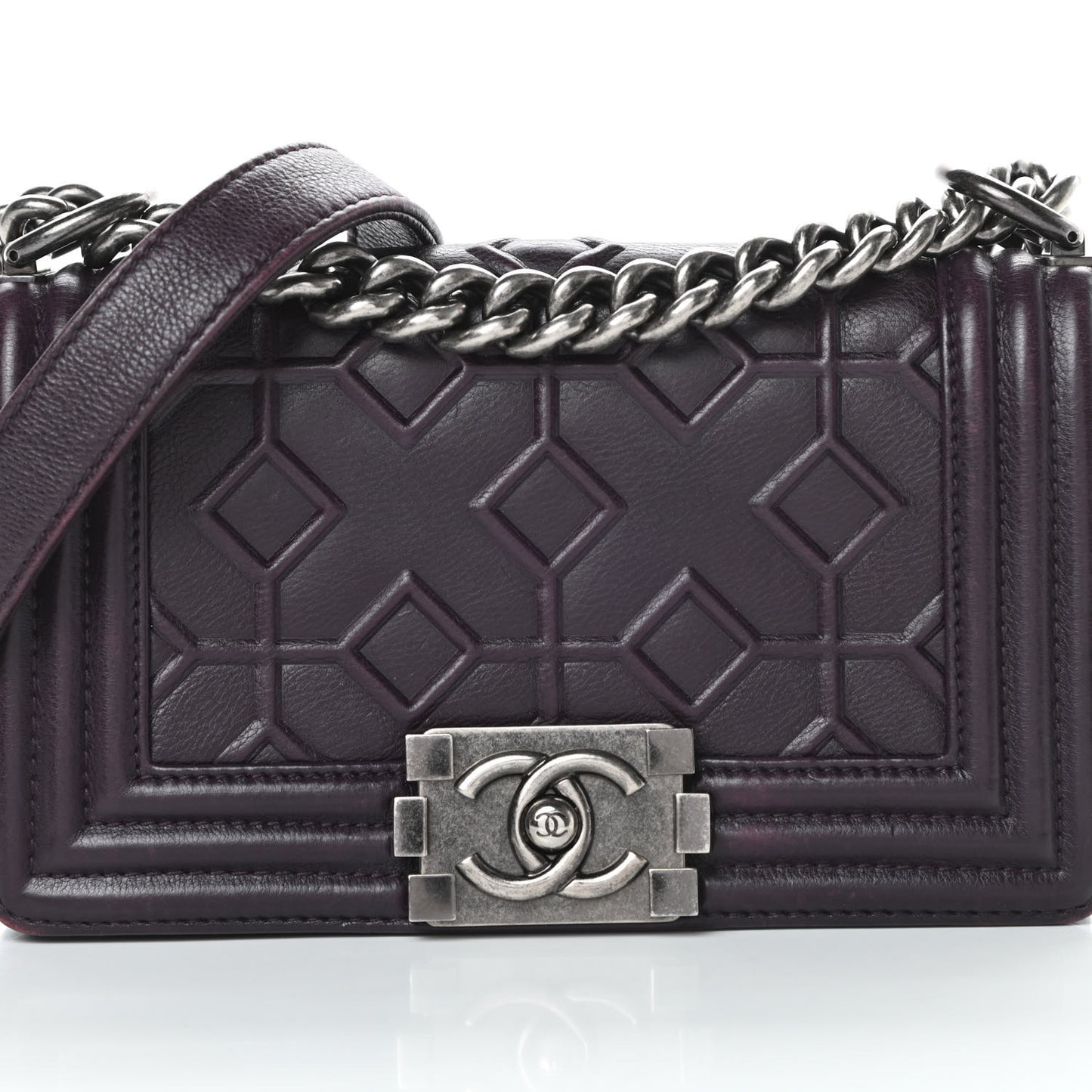 Calfskin Crystal Embossed Small Boy Flap Plum