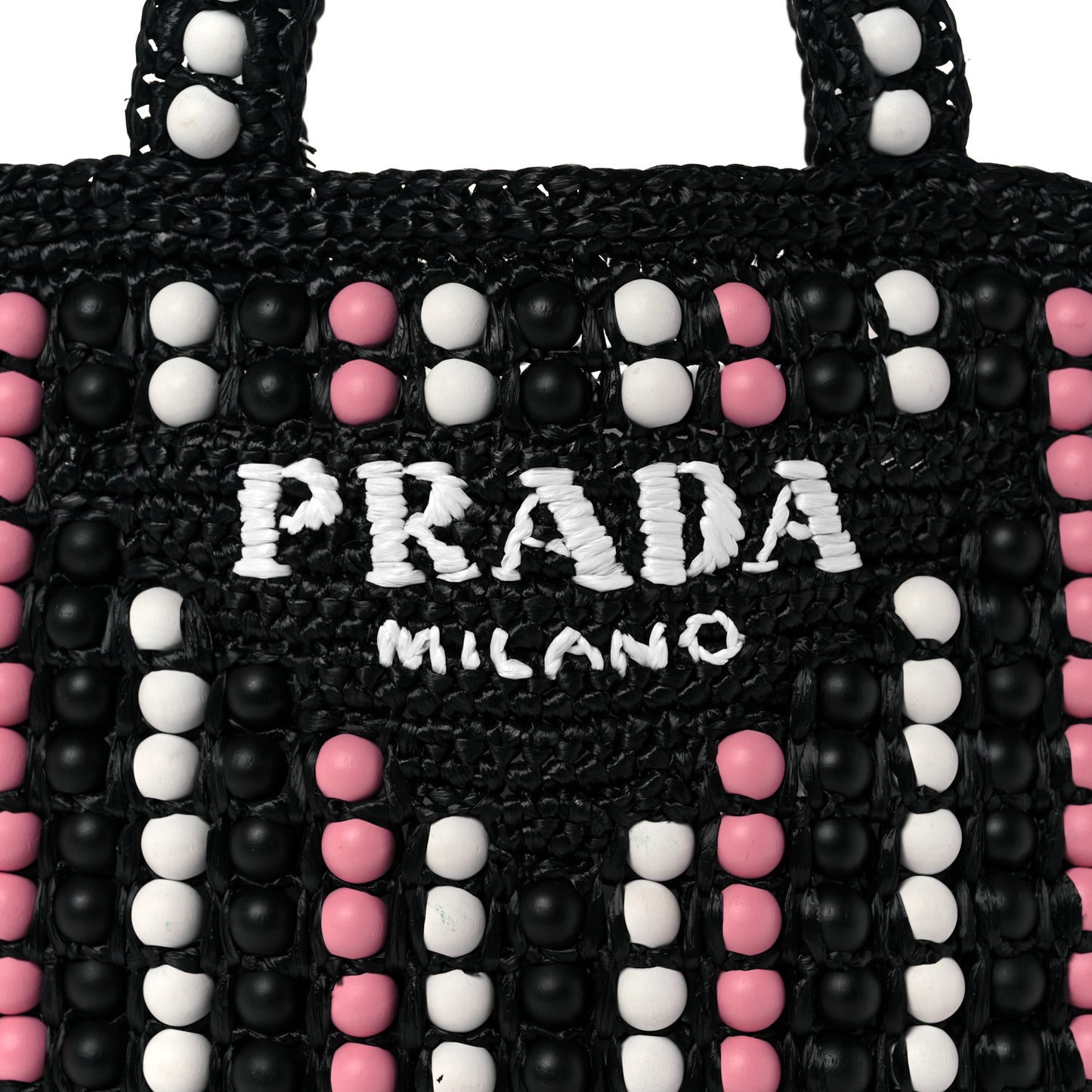 Raffia Wood Bead Embroidered Logo Tote Bag Black