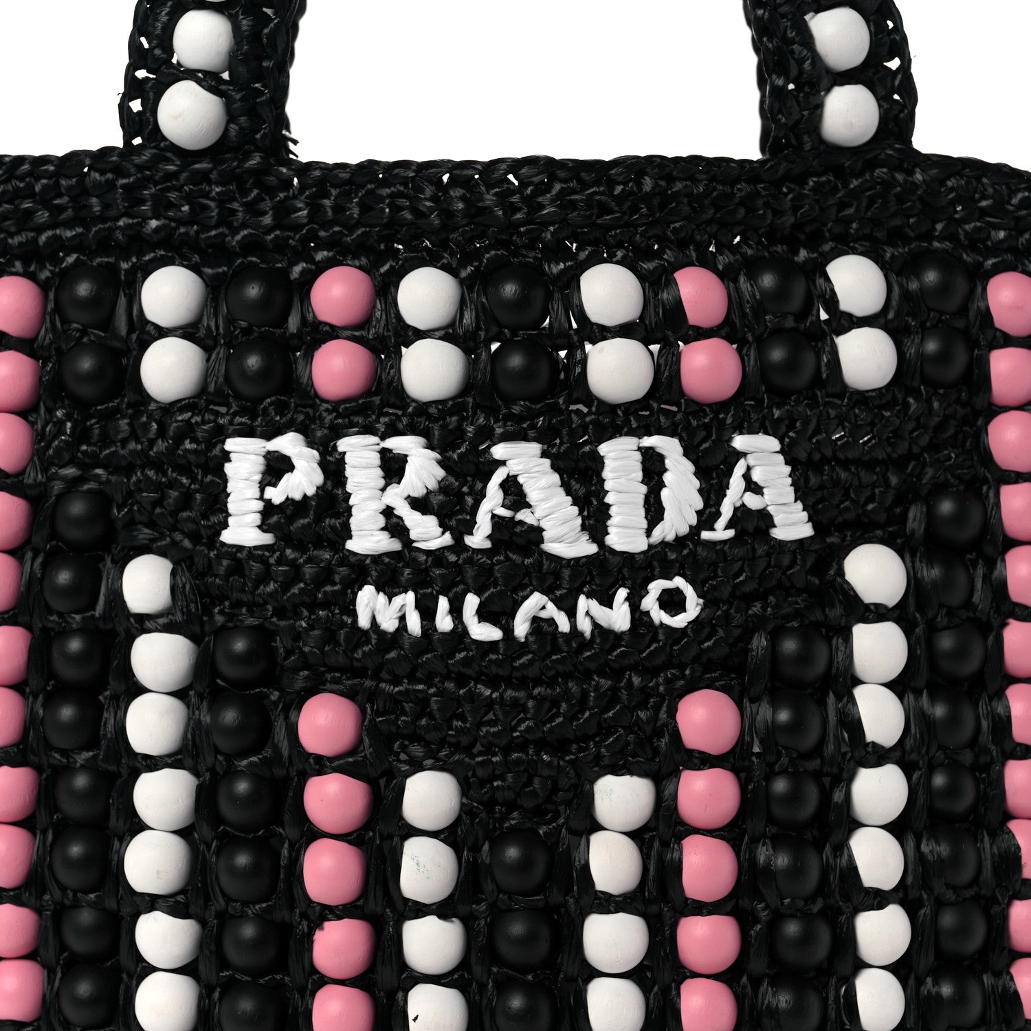 Prada Raffia Wood Bead Embroidered Logo Tote Bag Black 7 of 10